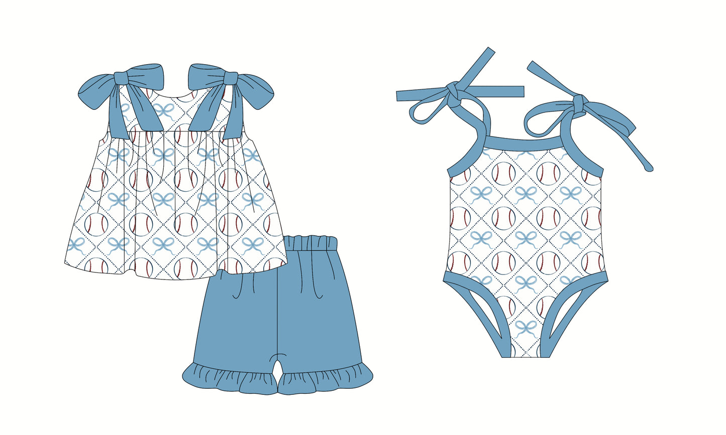 12.4 (Custom Design Preorder MOQ 5 Each Design) Baseball Bows Blue Print Girls Summer Matching Clothes Sisters Wear