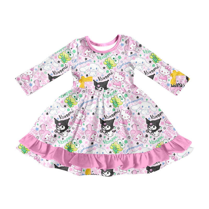 (Custom Design Preorder MOQ 5) Cartoon Animals Pink Print Ruffle Girls Knee Length Dress