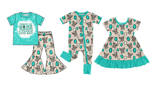 5.22(Custom Design Preorder MOQ 5 Each Design) Turquoise Highland Cow Print Girls Western Matching Clothes Sisters Wear