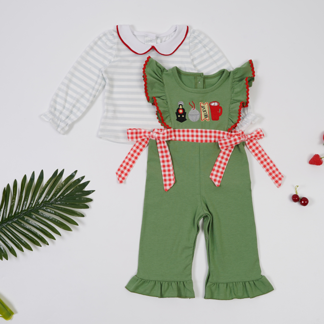 (Custom Design Preorder MOQ 5) Polar Express Green Jumpsuits Stripes Top Girls Christmas Clothes Set