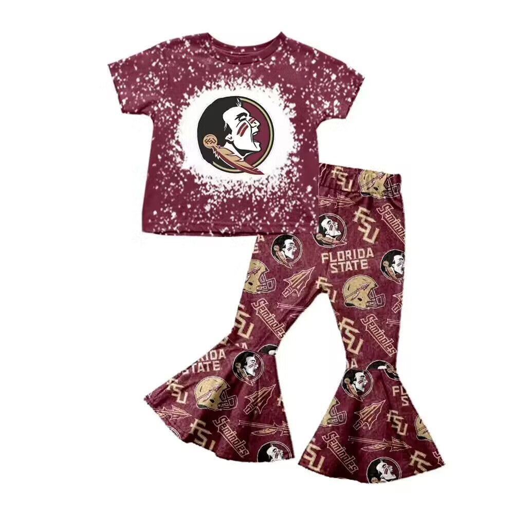 (Custom Design Preorder MOQ 5)  Team's Florida State Print Bell Pants Girls Clothes Set