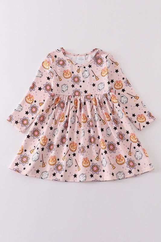 (Custom Design Preorder MOQ 5) Ghost Pumpkin Flowers Print Girls Knee Length Halloween Dress