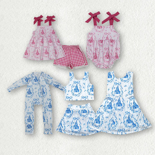 Castle Bows Flowers Print Girls Matching Clothes Sisters Wear