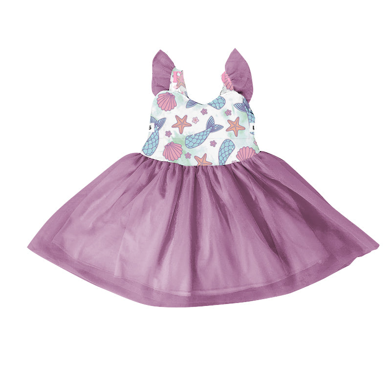 12.13(Custom Design Preorder MOQ 5) Mermaid Print Girls Summer Knee Length Tulle Dress