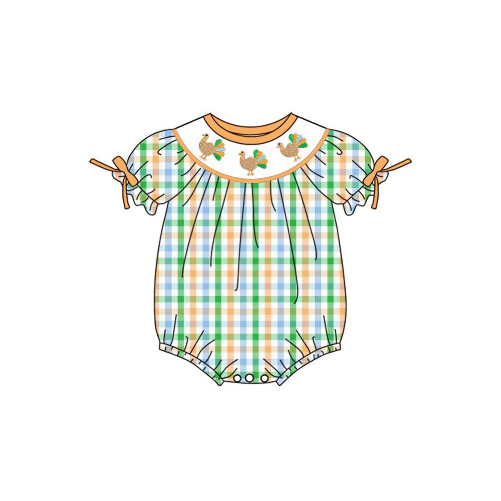 (Custom Design Preorder MOQ 5) Turkey Green Orange Plaid Print Baby Girls Thanksgiving Romper