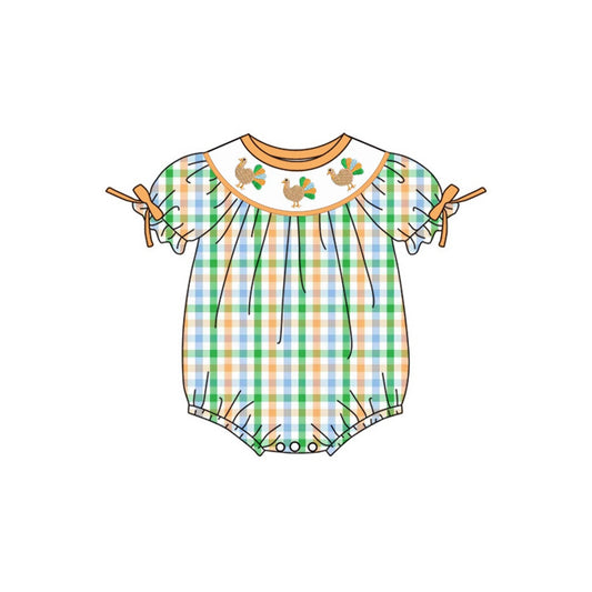 (Custom Design Preorder MOQ 5) Turkey Green Orange Plaid Print Baby Girls Thanksgiving Romper