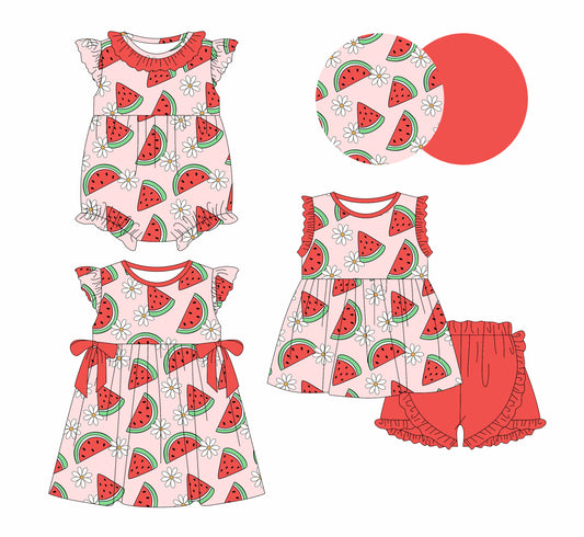 1.4(Custom Design Preorder MOQ 5 Each Design) Watermelon Flowers Print Girls Summer Matching Clothes Sisters Wear