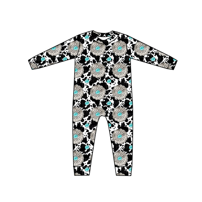 (Custom Design Preorder MOQ 5) Turquoise Print Baby Girls Long Sleeve Zipper Romper