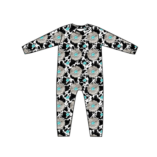 (Custom Design Preorder MOQ 5) Turquoise Print Baby Girls Long Sleeve Zipper Romper