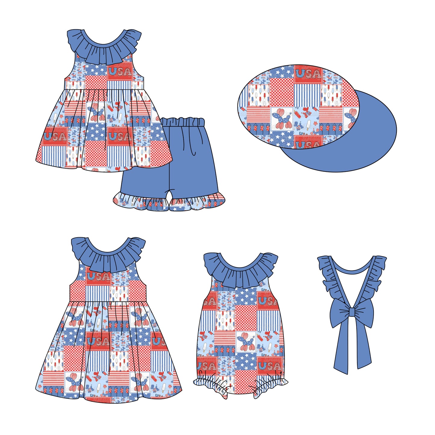 1.3(Custom Design Preorder MOQ 5 Each Design) Balloon Dog USA Print Girls 4th of July Matching Clothes Sisters Wear