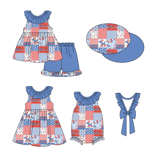 1.3(Custom Design Preorder MOQ 5 Each Design) Balloon Dog USA Print Girls 4th of July Matching Clothes Sisters Wear