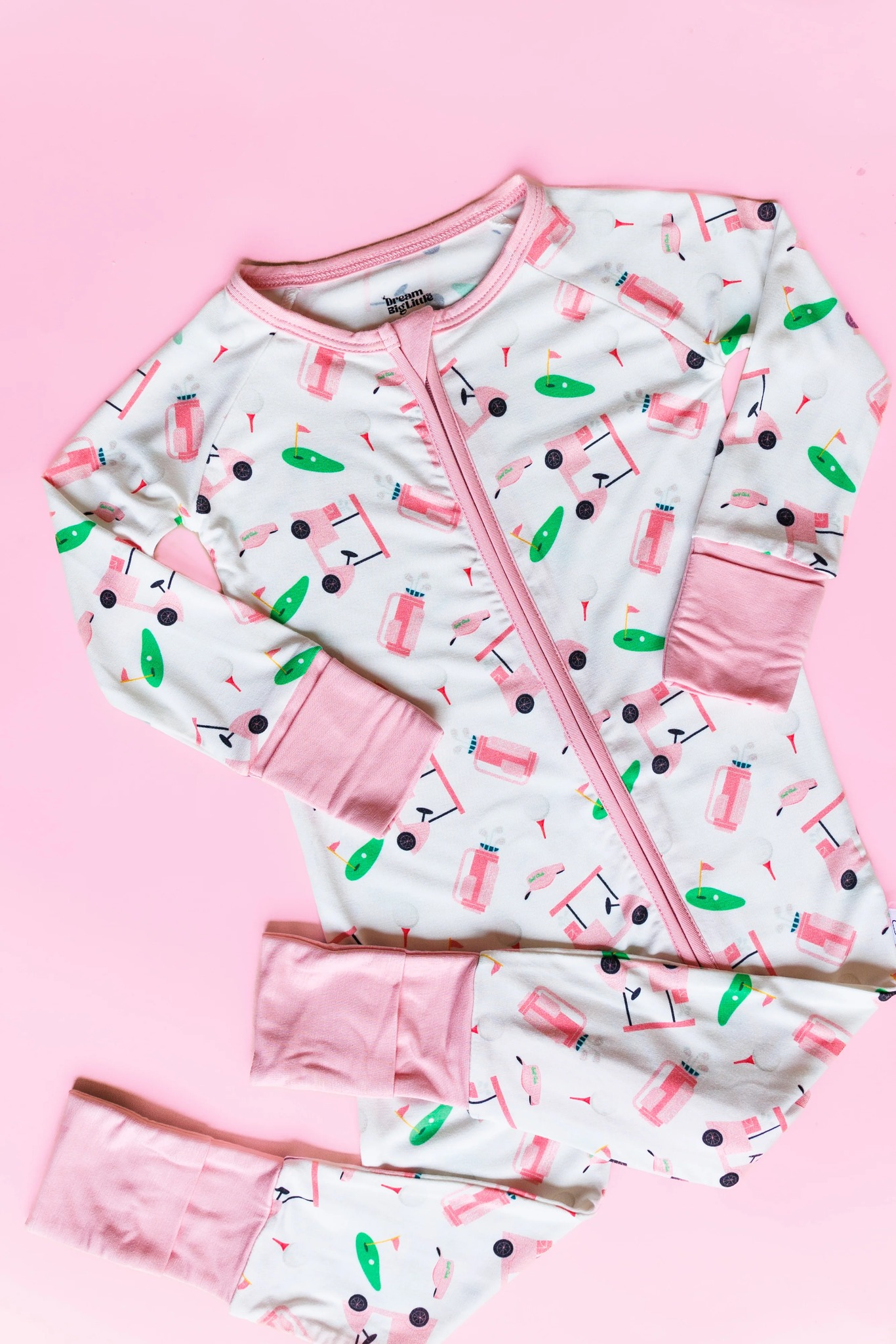 (Custom Design Preorder MOQ 5) Pink Golf Trucks Print Baby Girls Fall Sleeper Zipper Romper