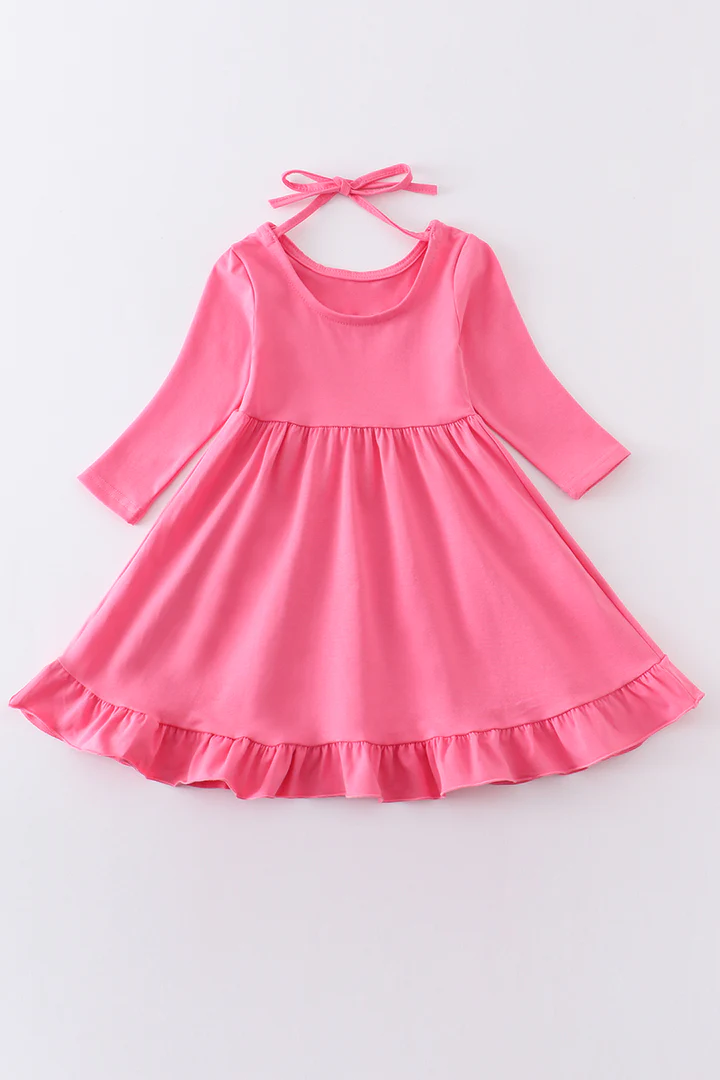 (Custom Design Preorder MOQ 5) Hot Pink Cotton Girls Knee Length Dress