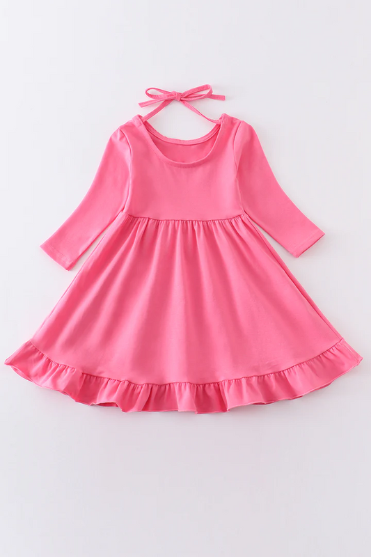 (Custom Design Preorder MOQ 5) Hot Pink Cotton Girls Knee Length Dress