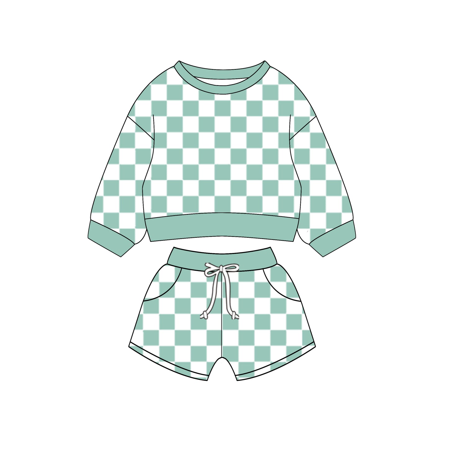 (Custom Design Preorder MOQ 5) Green Plaid Long Sleeve Top Pockets Shorts Girls Clothes Set