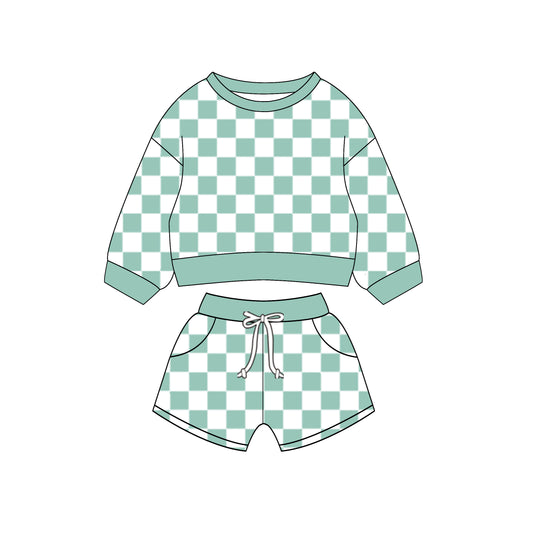 (Custom Design Preorder MOQ 5) Green Plaid Long Sleeve Top Pockets Shorts Girls Clothes Set