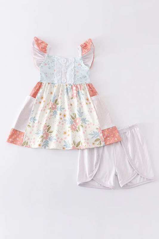 (Custom Design Preorder MOQ 5)  Flowers Print Girls Summer Clothes Set