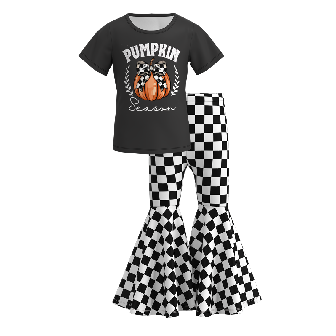 (Custom Design Preorder MOQ 5) Pumpkin Season Top Black Plaid Bell Pants Girls Fall Clothes Set