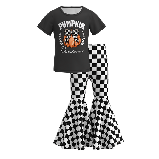 (Custom Design Preorder MOQ 5) Pumpkin Season Top Black Plaid Bell Pants Girls Fall Clothes Set