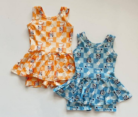 (Custom Design Preorder MOQ 5) Blue Cartoon Dog Print Girls Summer Clothes Set