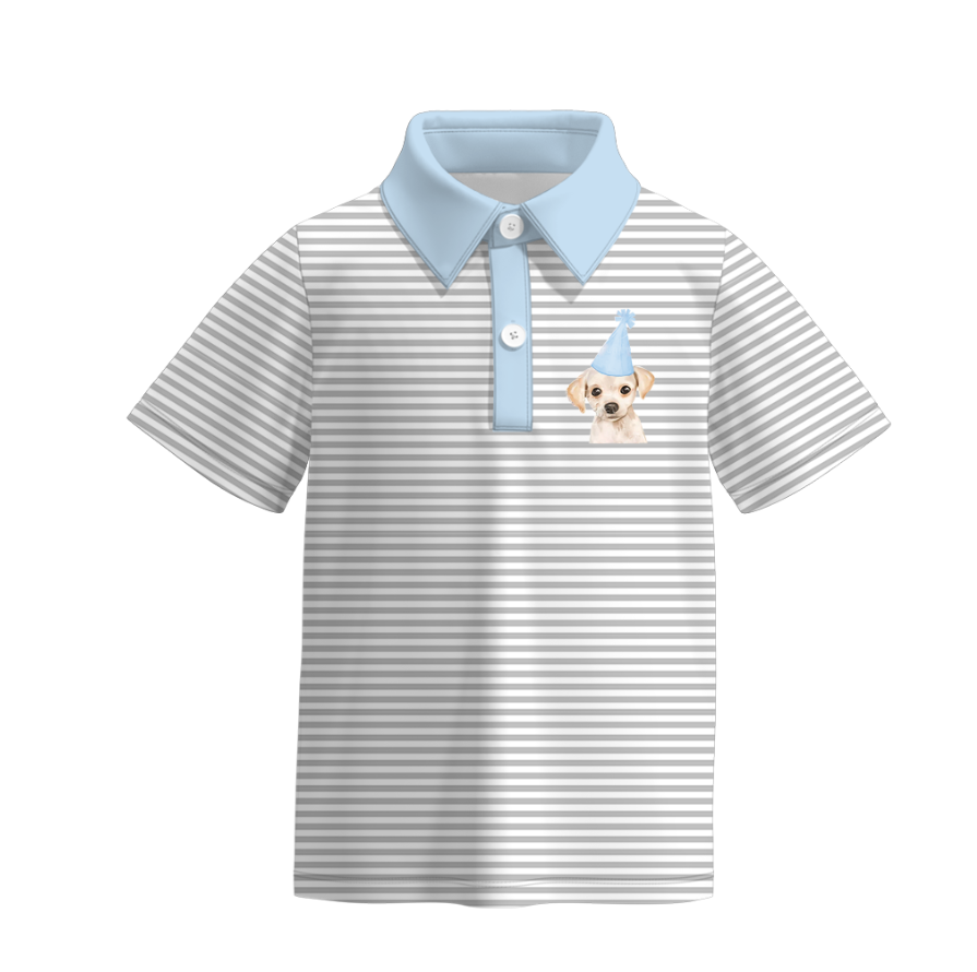 (Custom Design Preorder MOQ 5) Cute Dog Brithday Stripes Print Boys Summer Polo Tops