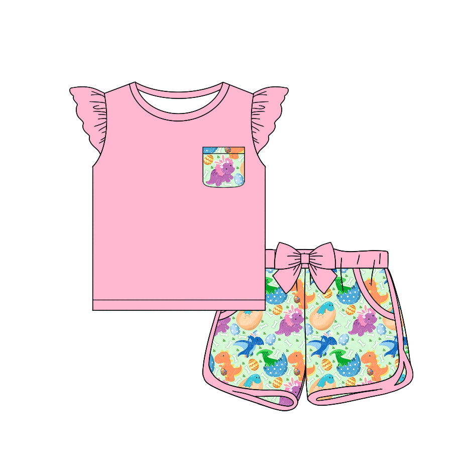 (Custom Design Preorder MOQ 5) Pink Pocket Top Dino Eggs Shorts Girls Easter Clothes Set