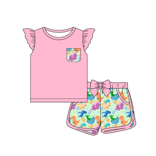 (Custom Design Preorder MOQ 5) Pink Pocket Top Dino Eggs Shorts Girls Easter Clothes Set