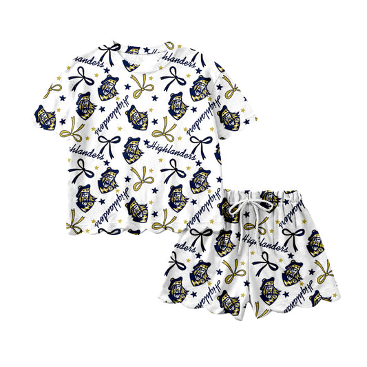 (Custom Design Preorder MOQ 5) Teams Highlanders Bows Print Girls Summer Scallop Clothes Set
