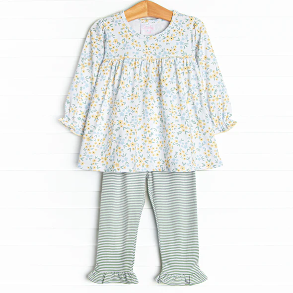 (Custom Design Preorder MOQ 5)  Yellow Small Flowers Tunic Top Stripes Pants Girls Clothes Set