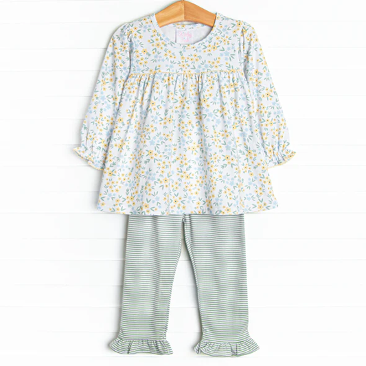 (Custom Design Preorder MOQ 5)  Yellow Small Flowers Tunic Top Stripes Pants Girls Clothes Set