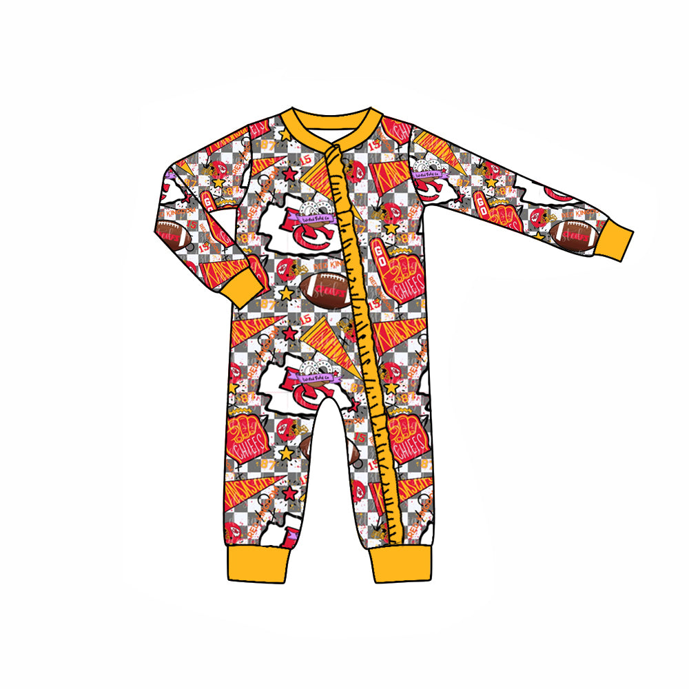 (Custom Design Preorder MOQ 5)  Team's KC Yellow Print Baby Girls Fall Sleeper Zipper Romper