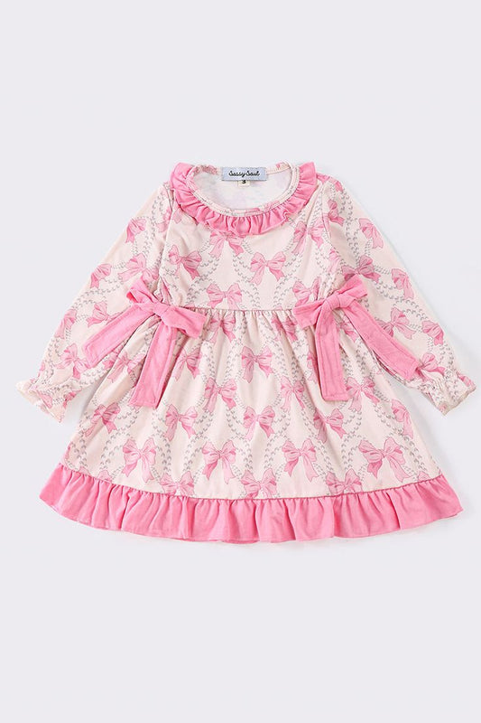 (Custom Design Preorder MOQ 5) Pink Bows Print Girls Summer Knee Length Dress