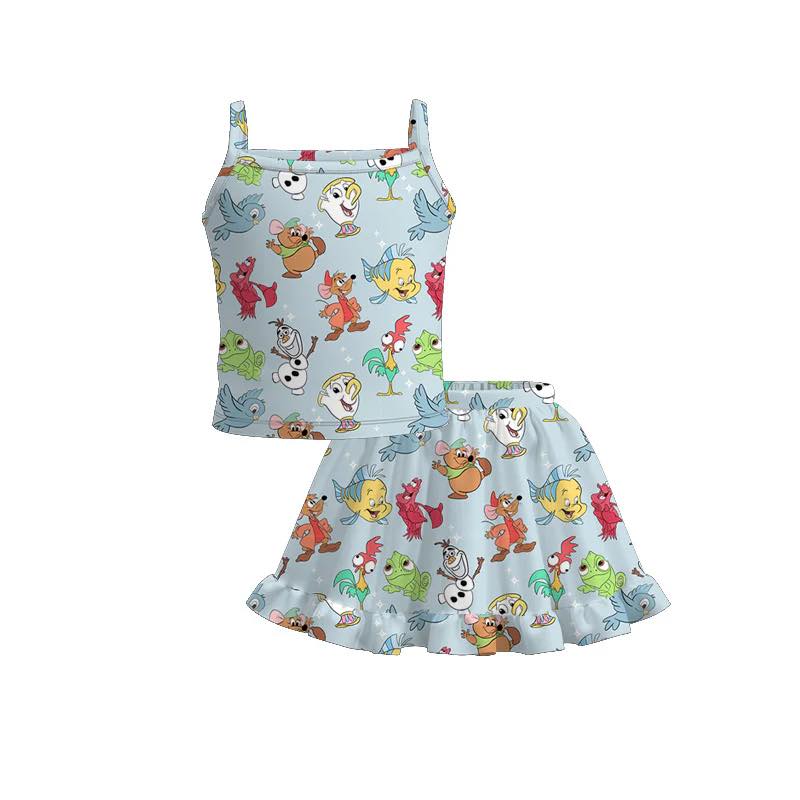 (Custom Design Preorder MOQ 5) Cartoon Animals Top Skirts Girls Summer Clothes Set