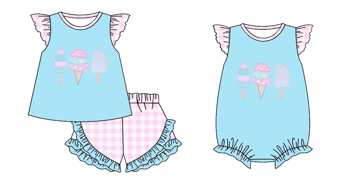 12.4 (Custom Design Preorder MOQ 5 Each Design) Ice Cream Blue Print Girls Summer Matching Clothes Sisters Wear