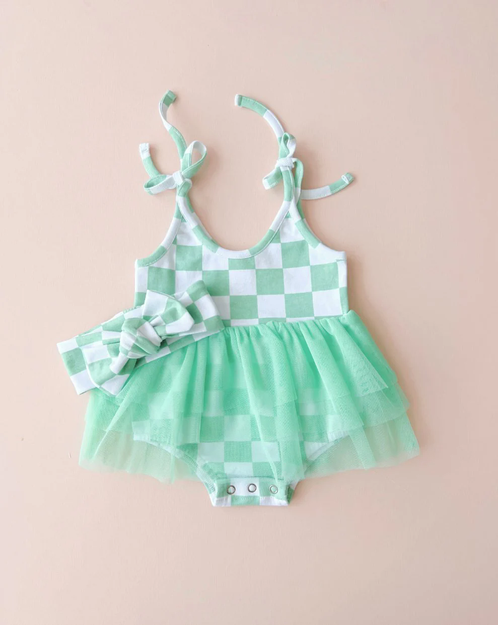 (Custom Design Preorder MOQ 5)  Green Plaid Print Baby Girls Summer Tulle Romper