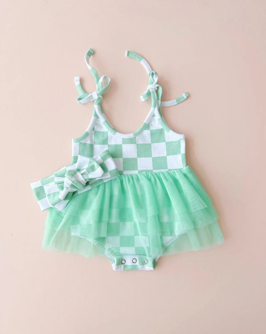 (Custom Design Preorder MOQ 5)  Green Plaid Print Baby Girls Summer Tulle Romper