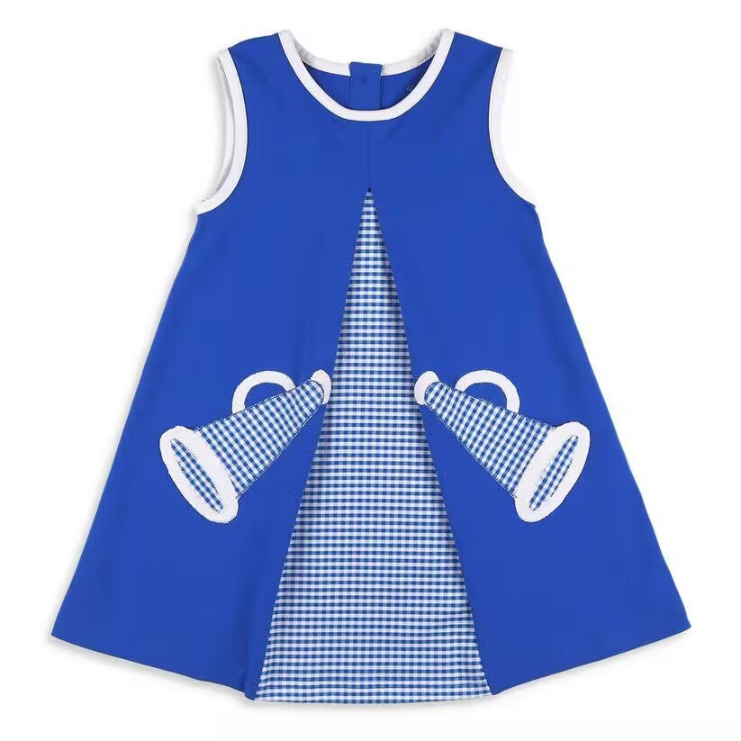 (Custom Design Preorder MOQ 5) Blue Team's Cheering Squad Print Girls Summer Knee Length Dress