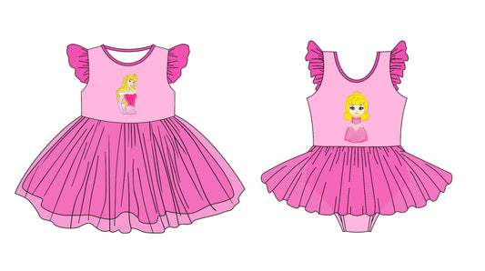 3.11(Custom Design Preorder MOQ 5 Each Design) Cartoon Princess Pink Print Girls Summer Tulle Matching Clothes Sisters Wear