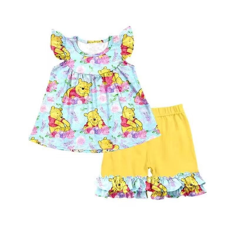 (Custom Design Preorder MOQ 5)  Cartoon Bear Print Girls Summer Clothes Set