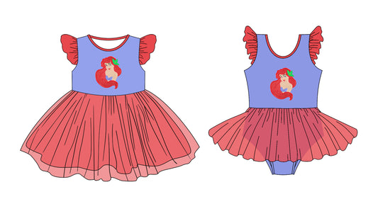 3.11(Custom Design Preorder MOQ 5 Each Design) Cartoon Princess Mermaid Print Girls Summer Tulle Matching Clothes Sisters Wear