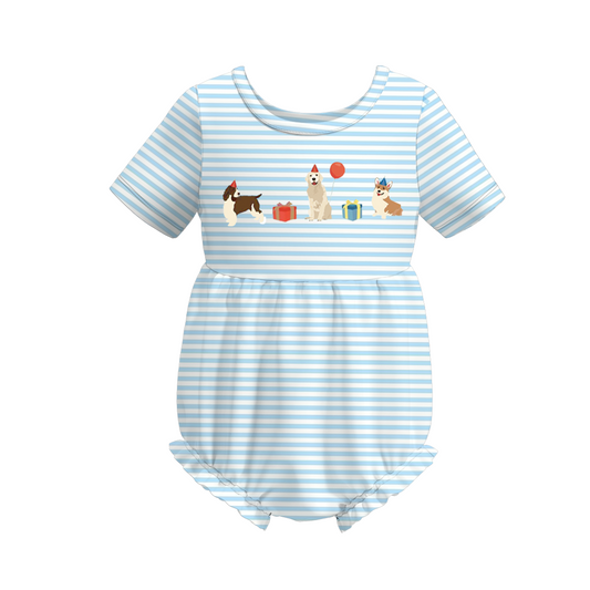 (Custom Design Preorder MOQ 5) Dog Balloon Blue Stripes Print Baby Girls Birthday Romper