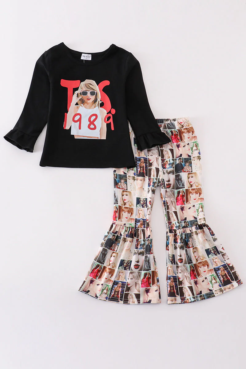 (Custom Design Preorder MOQ 5) Singer Swiftie Black Top Bell Pants Girls Clothes Set