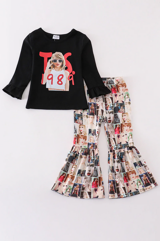 (Custom Design Preorder MOQ 5) Singer Swiftie Black Top Bell Pants Girls Clothes Set