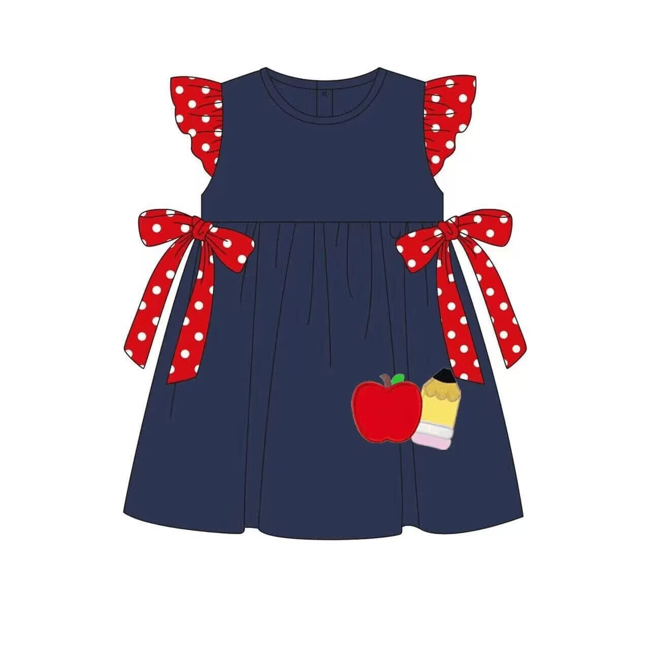 (Custom Design Preorder MOQ 5)   Apple Pen Navy Print Girls Knee Length Back to School Dress