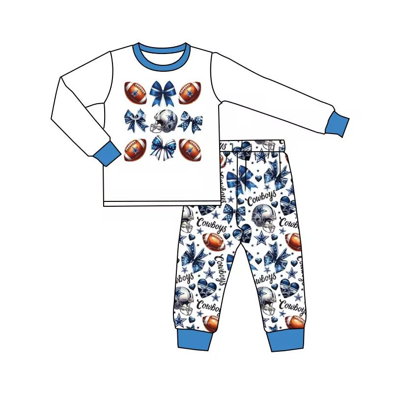 (Custom Design Preorder MOQ 5) Team's Cowboys Bows Print Girls Pajamas Clothes Set