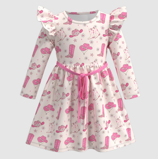 (Custom Design Preorder MOQ 5) Boots Hat Flowers Print Girls Western Knee Length Dress