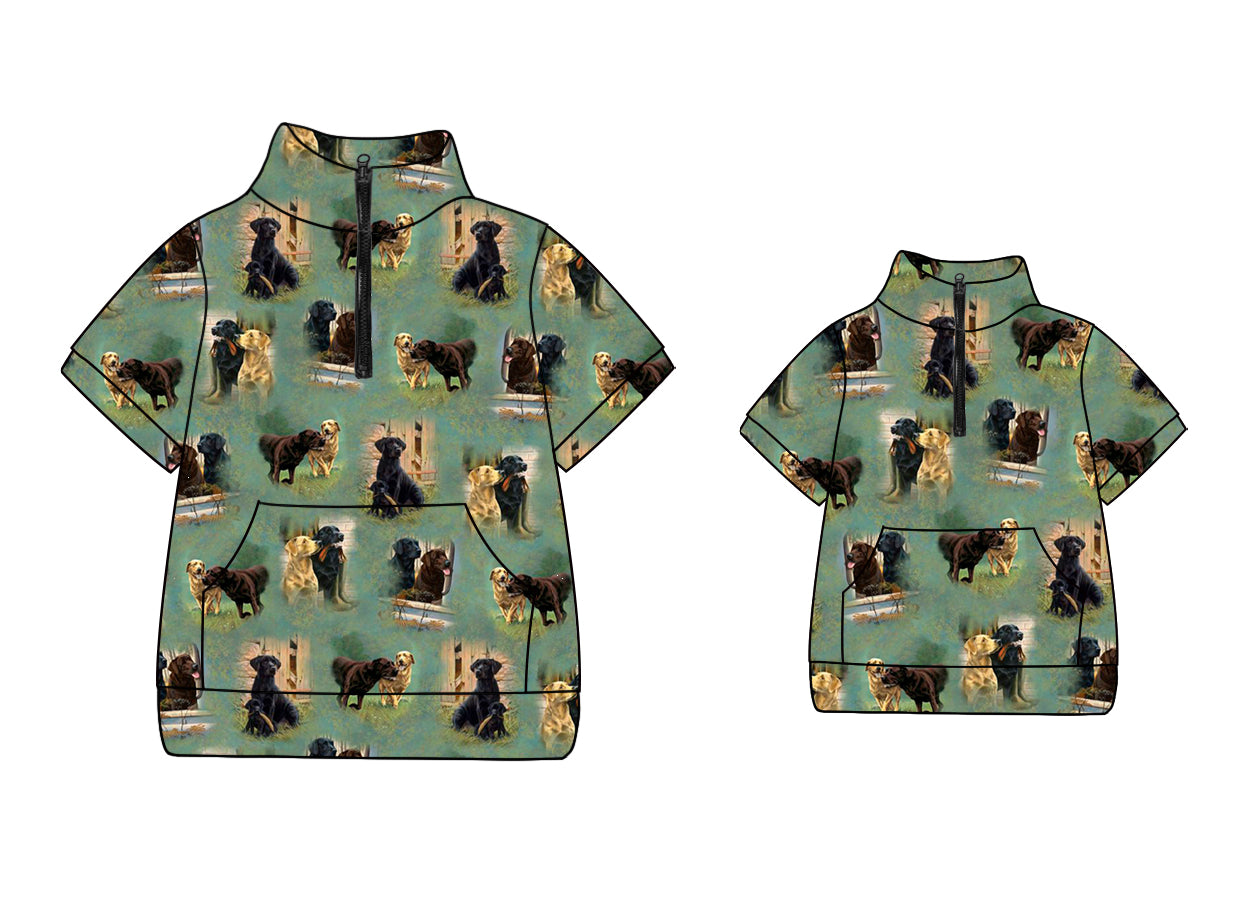 11.27(Custom Design Preorder MOQ 5 Each Design) Dog Green Print Pullover Zipper Top Mom and Me Summer Matching Clothes
