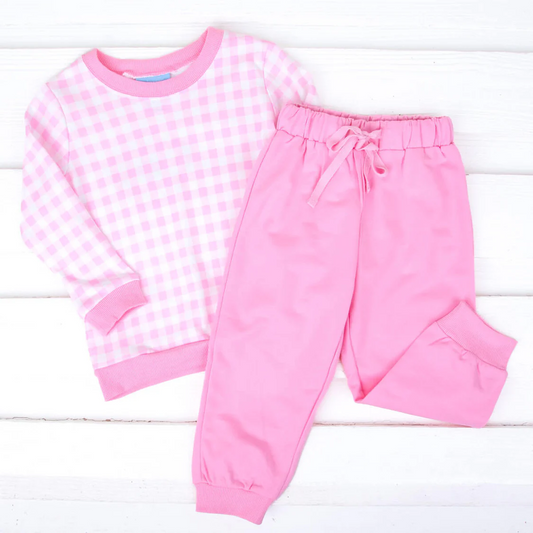 (Custom Design Preorder MOQ 5) Pink Plaid Top Pants Girls Fall Clothes Set