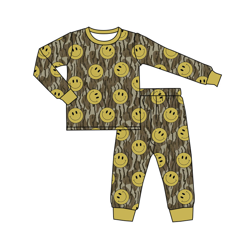 (Custom Design Preorder MOQ 5) Camo Smiling Print Girls Pajamas Bamboo Clothes Set