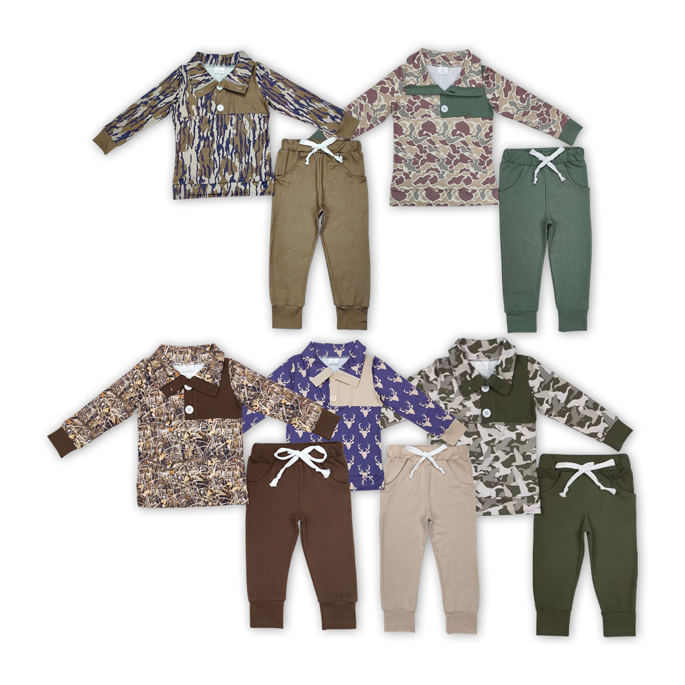 5 Colors Camo Buttons Pullover Top Pockets Pants Boys Fall Hunting Clothes Set Brothers Wear